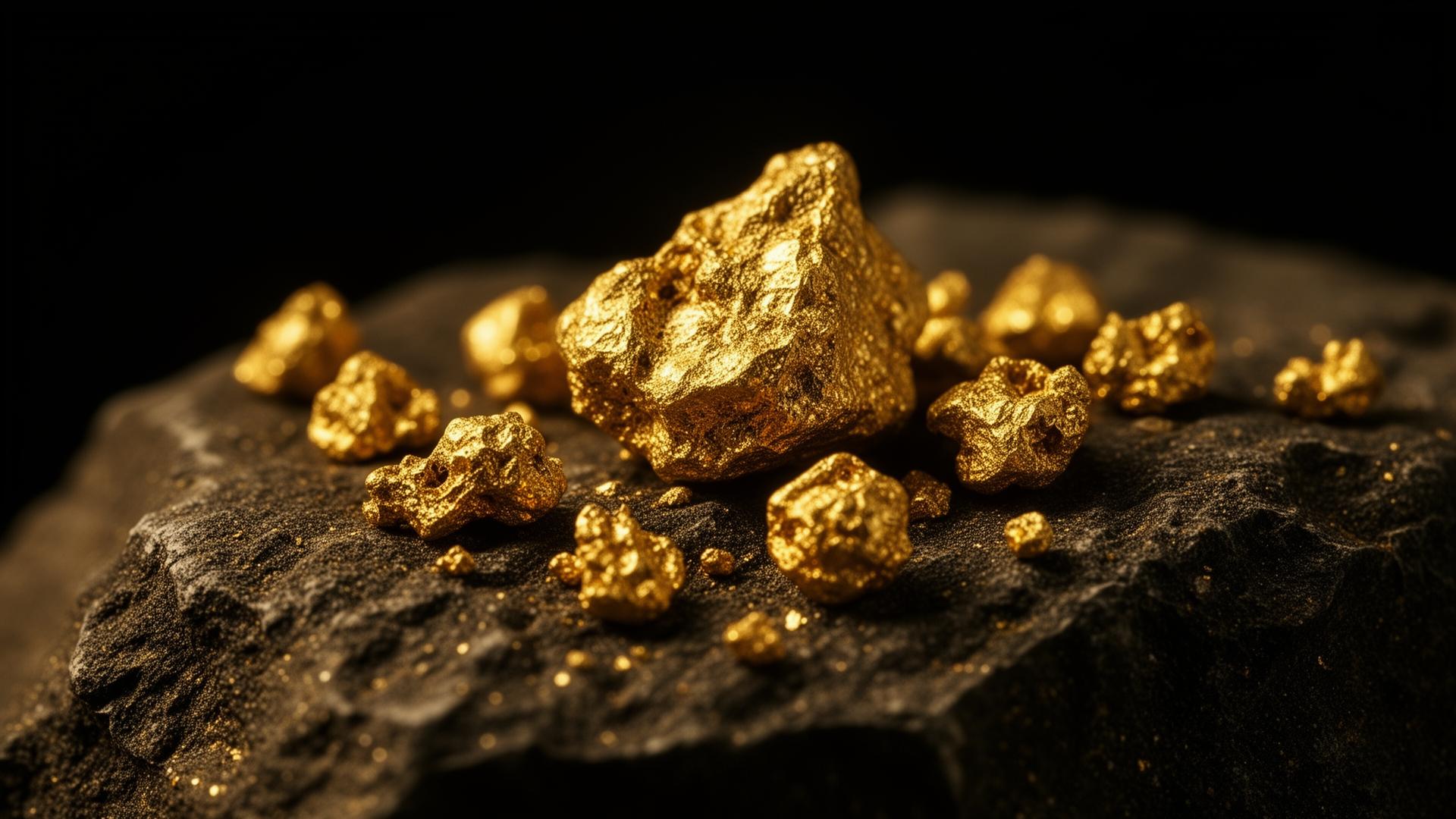Raw gold ore and natural gold nuggets on dark rock